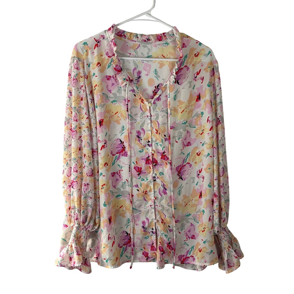 Floral Watercolor Print Ruffle Neck Button Front Blouse Pink Yellow 2XL
